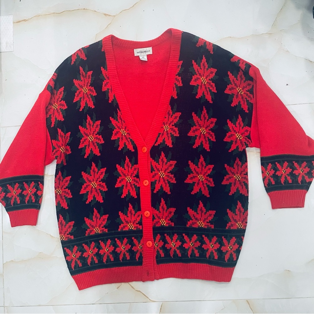 Vintage Baxter & Wells Red & Black Holiday Cardigan Poinsettias Womens Size 2X
